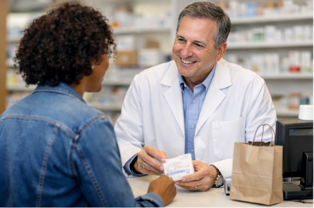 Pharmacist helping a patient at the counter
